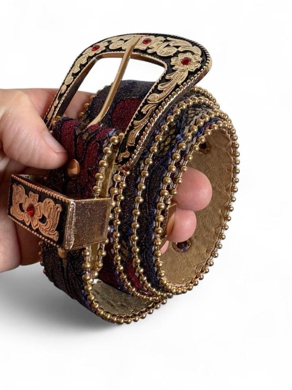 Vintage Ornate Gold Beaded & Lace-Covered Leather Belt - Picture 2 of 8